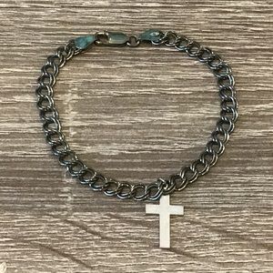 Sterling Silver Double Curb Link Chain Bracelet with Cross Charm 7" Long